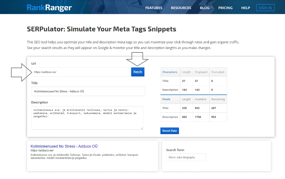 rank ranger example seo